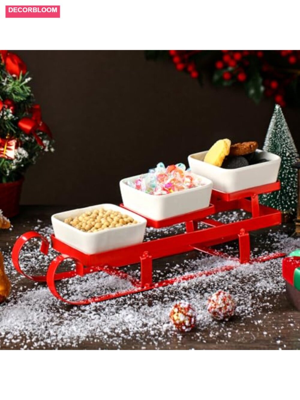 Christmas Sleigh Serving Bowl 3 Tiered Ceramic Dip Rack Holiday Table Decor